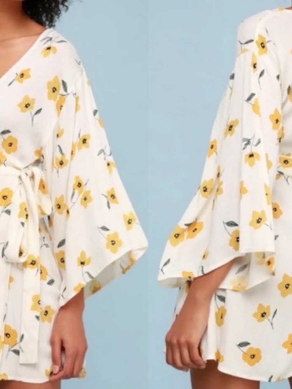 Cream Floral Wrap Dress with Yellow Flower Print